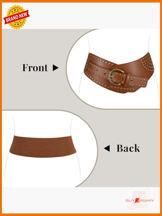 Vintage Wide Elastic Belt with Studs & Buckle - Stretchy Faux Leather Waist Belt